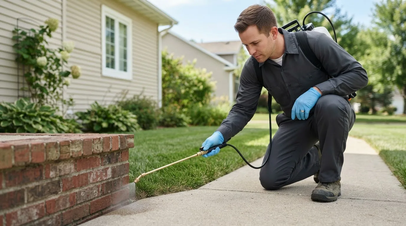 Pest control technician treating a home near Wolcott, IN